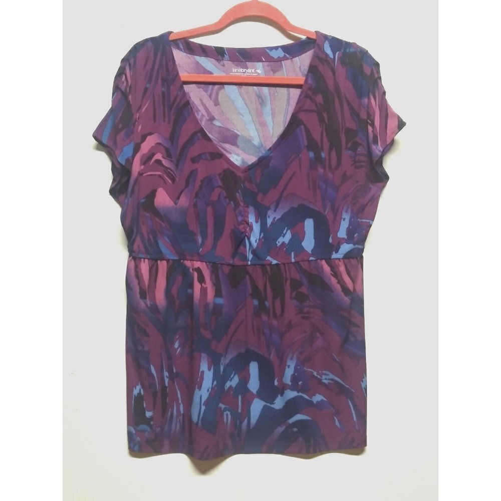 Lane Bryant Womens Top Blue and Purple Print cap Sleeve Size 14/16 stretch EUC